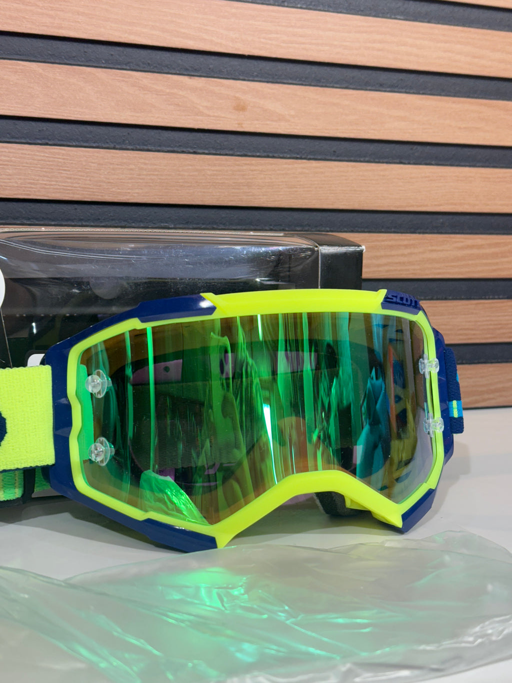 Scott Fury Moto Goggle Blue / Yellow - Green Mirrored Works Lens