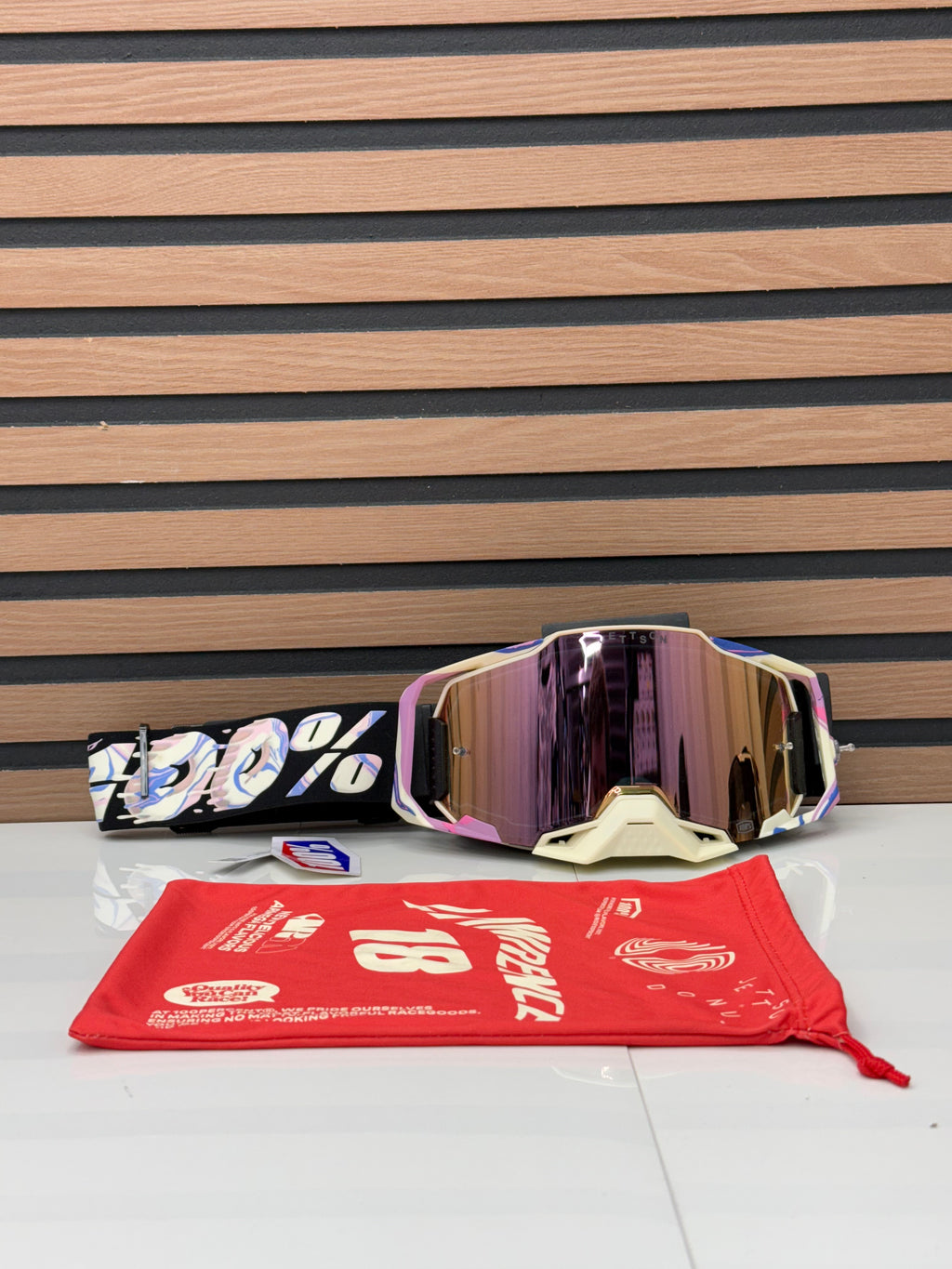 100% Armega Jett Lawrence LE Goggle Pink / Tan - Purple Mirror Lens