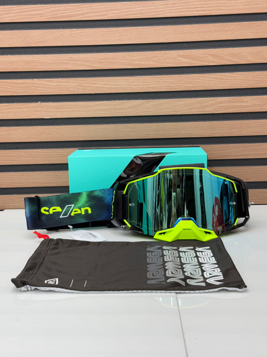 100% Armega x Seven Goggle Haze - Black / Flo Yellow - Blue Mirror Lens