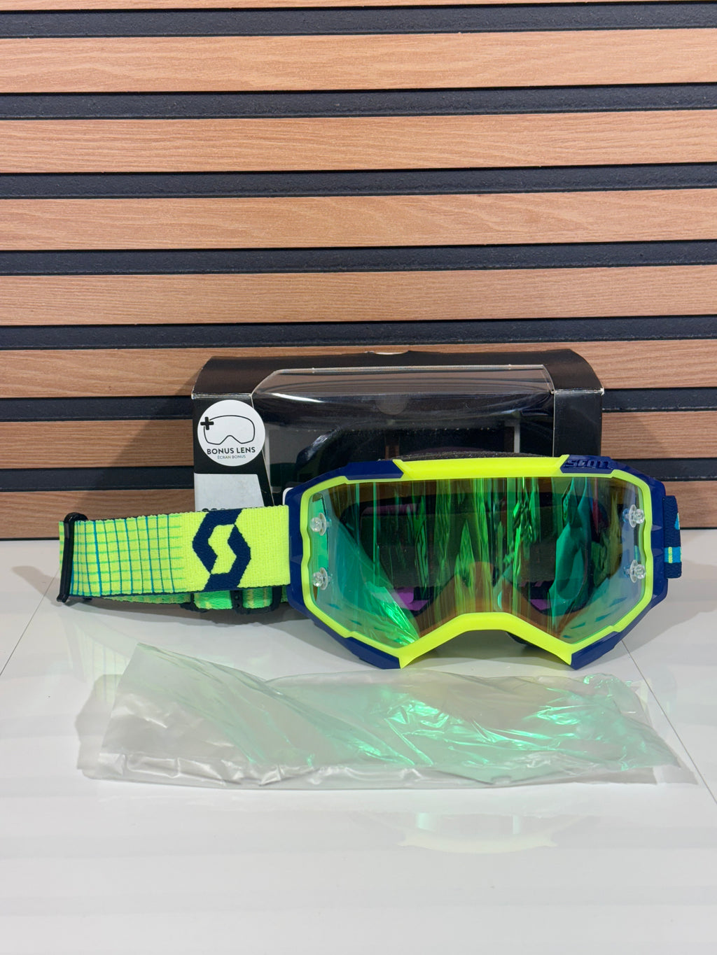 Scott Fury Moto Goggle Blue / Yellow - Green Mirrored Works Lens